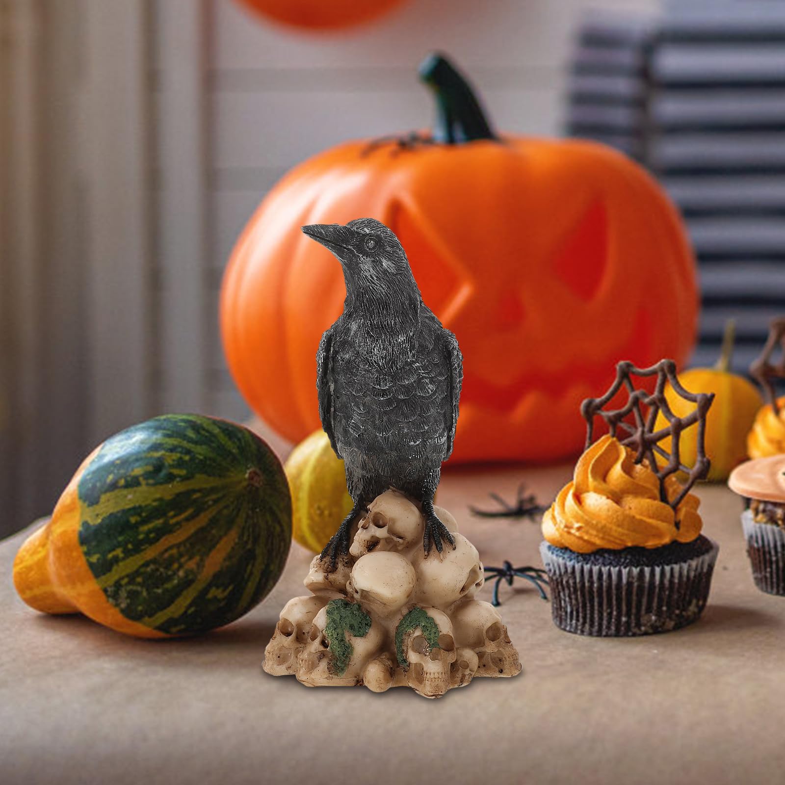 Uonlytech 3 Pezzi Statua Decorativa di Halloween in Resina con Teschio Nero, Gatto e Corvo Realistici, Resistente All’usura, per Decorazioni Tavolo Festa di Halloween