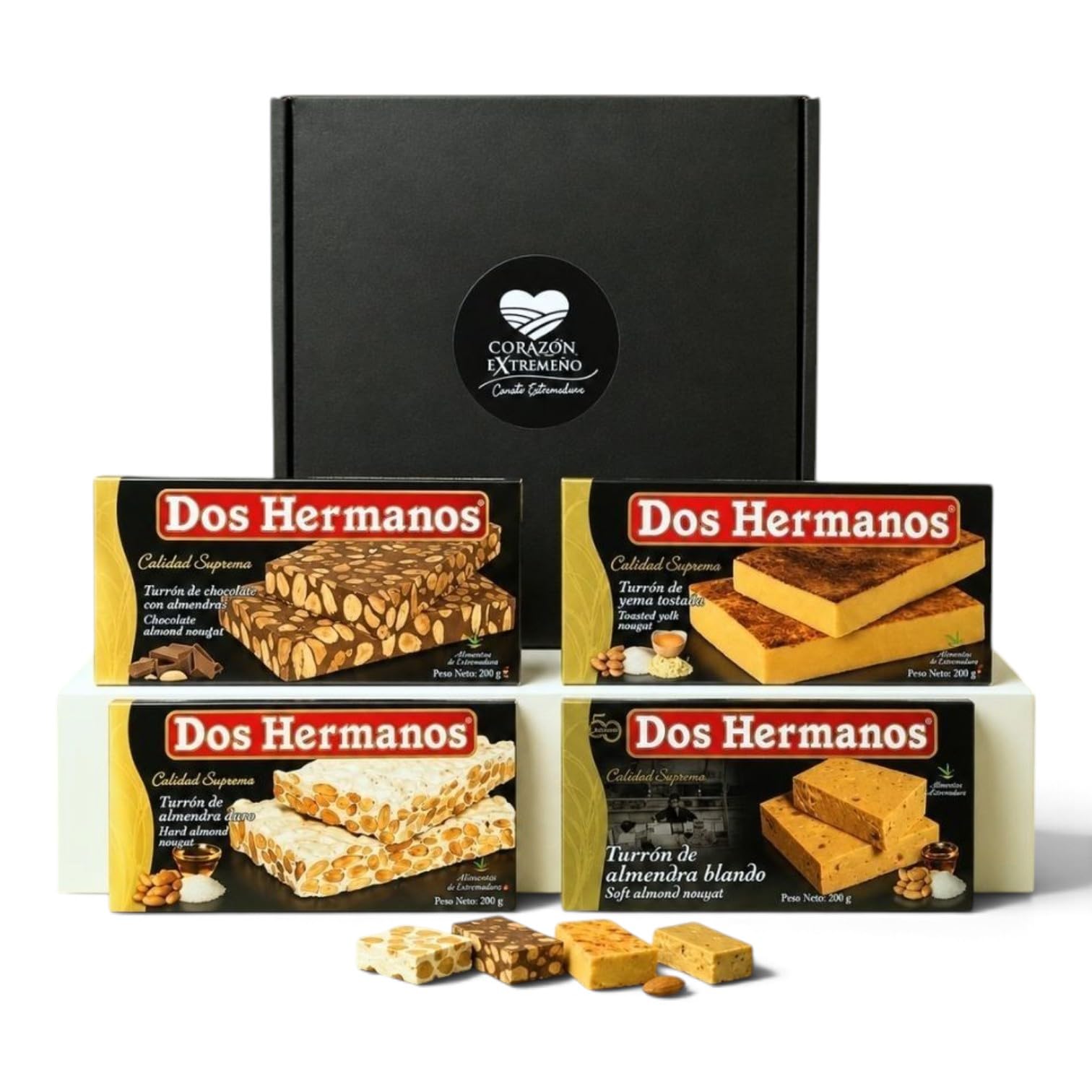 Cesta Lote Gourmet Turrones Castuera | 4 Tabletas de Turrón Sin Gluten 250 g | Chocolate con Almendra, Yema Tostada, Almendra Duro y Blando | Dulces Tradicionales