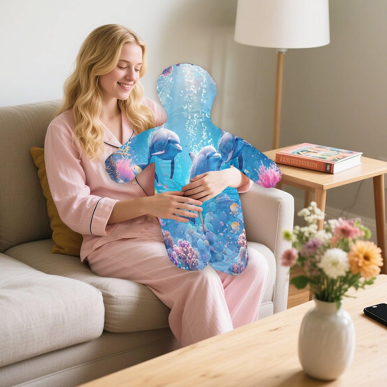 Dolphins in The Ocean Human-Shaped Pillow Soft Body Pillows Washable Velvet Pillows for Anxiety Relief Sleeping Cuddling & Support