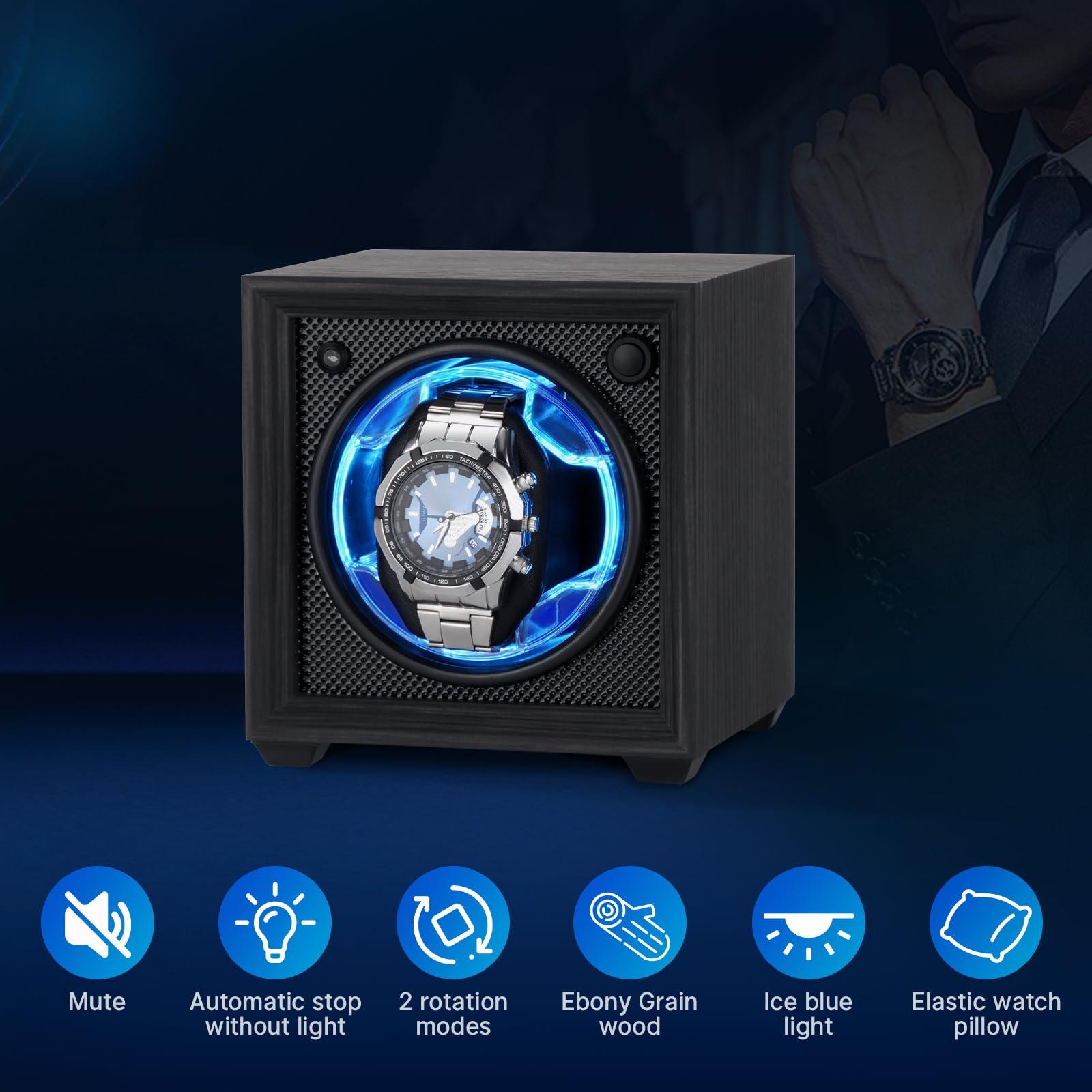 Isili Einzel Uhrenbeweger für Automatische Uhren, Auto Start-Stop Uhr Winders Box für Liebhaber, mit Quiet Motor 2 Rotation Mode Einstellung, blaues Licht, Geschenk für Vatertag