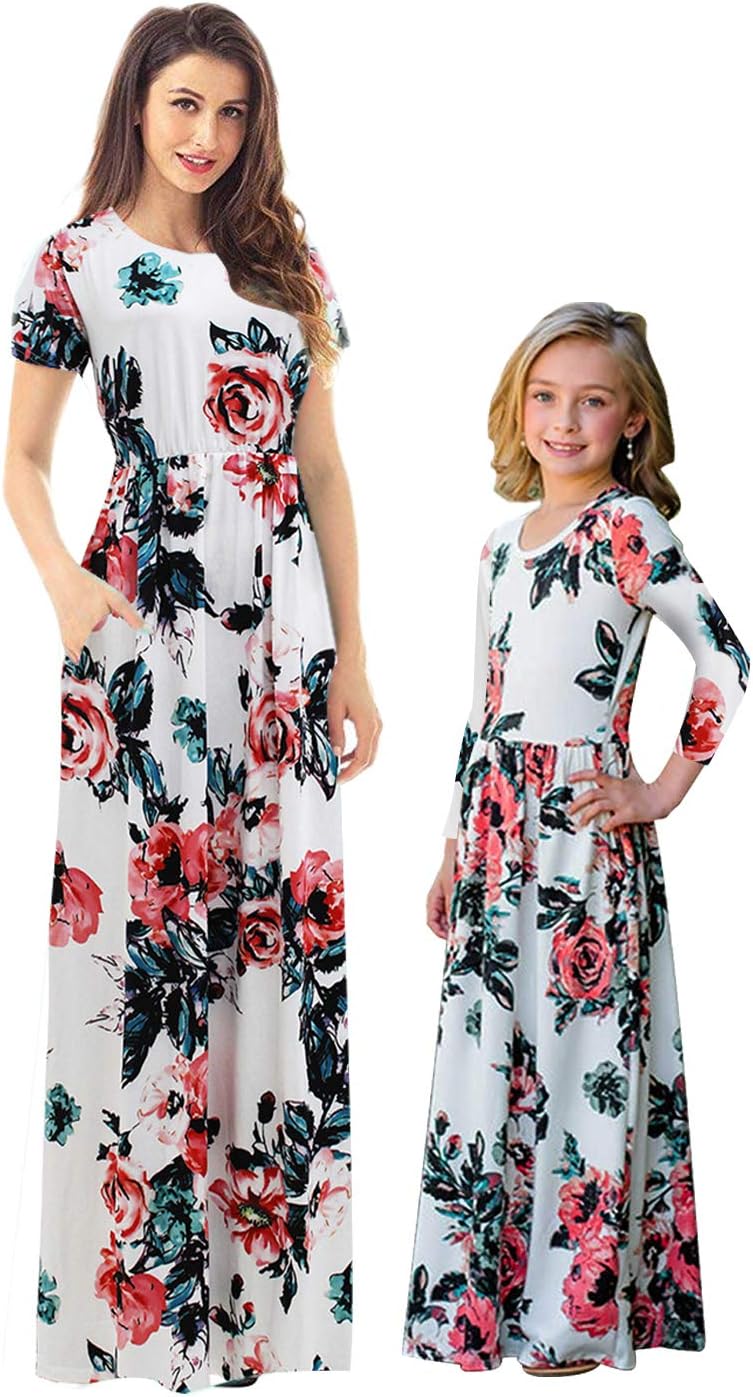 MAKARTHY Mommy and Me Summer Maxi Dress Girls Summer White Flower Maxi Dress Floral Printed