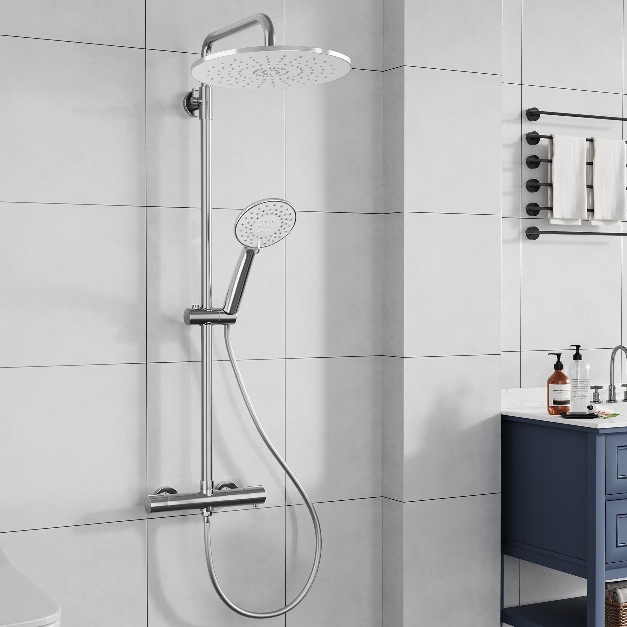 Columna Ducha Termostática Cromo, Sistema Completo con Grifo Termostático, Ducha Techo Redonda 25 cm, Alcachofa 3 Modos, Barra Deslizante Regulable, Bloqueo Seguridad 38°C, Cabezal Giratorio 360°