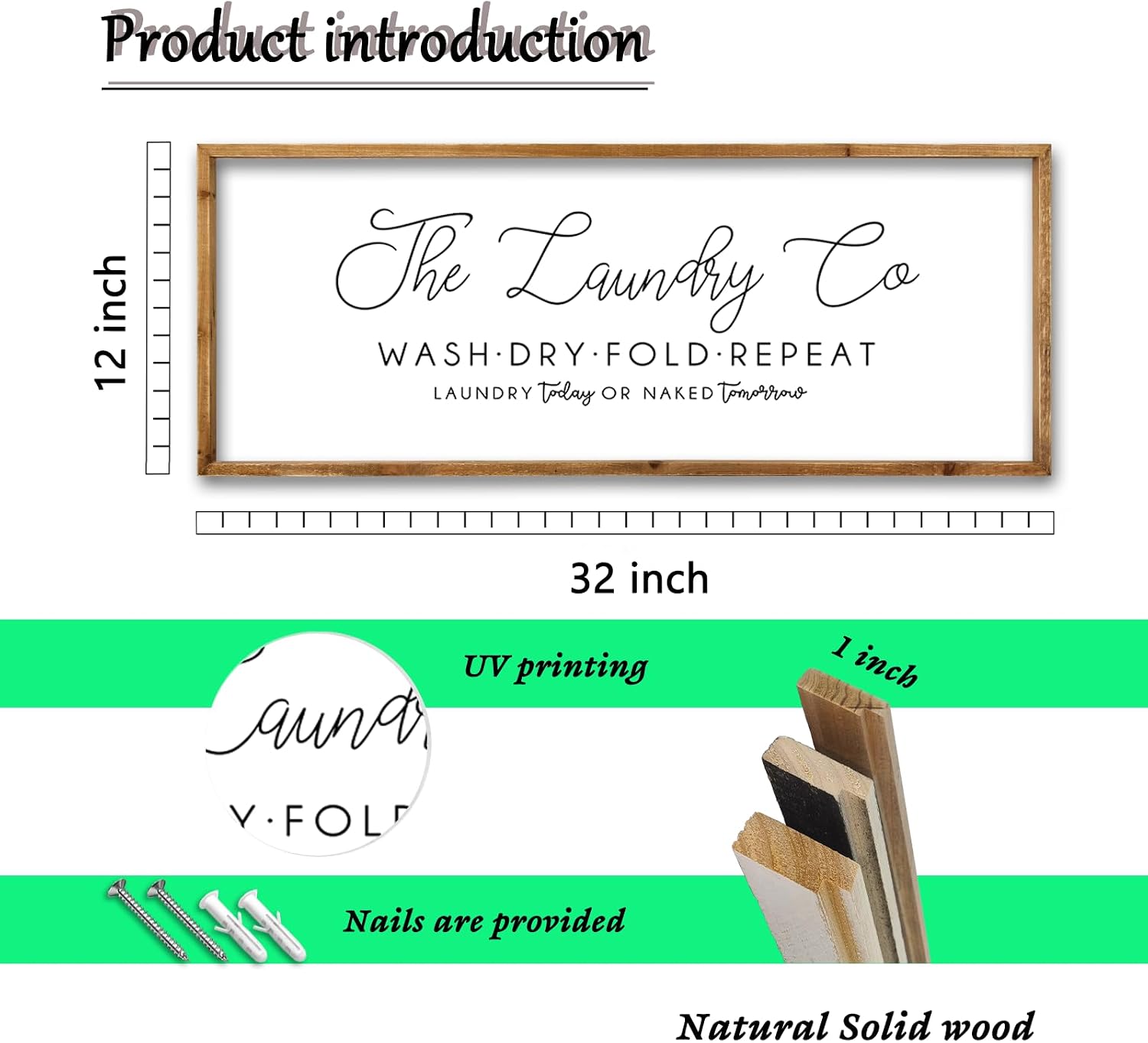 ZZJJHYWGQ Laundry Room Wall Decor 32"×12" Wash Dry Fold Repeat Funny Laundry Sign Rustic Farmhouse Decor Large Wooden Frame Humorous Quote Wall Hanging Art (Wood)