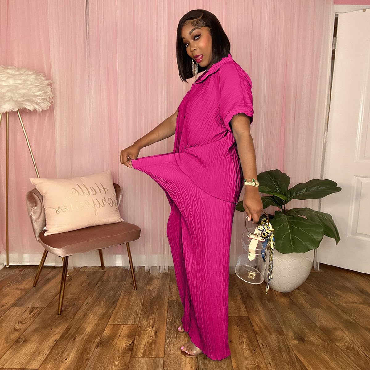 Casual Two Piece Set for Women - Button Down Shirt and Wide Leg Pants Matching Set Tracksuits - Image 5