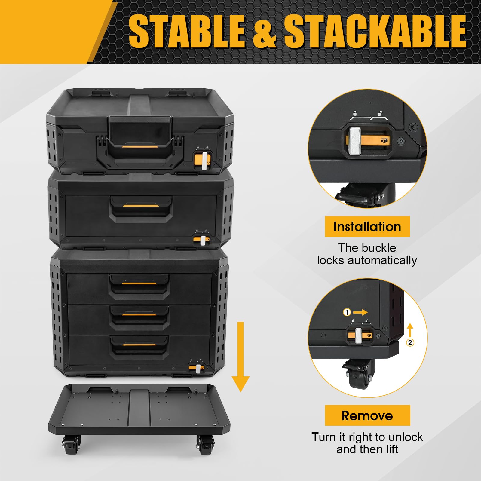 Caja de herramientas resistente compatible con cajas de herramientas ToughBuilt StackTech, base rodante de acero al carbono con 4 ruedas de bloqueo, plataforma de almacenamiento de herramientas móvil