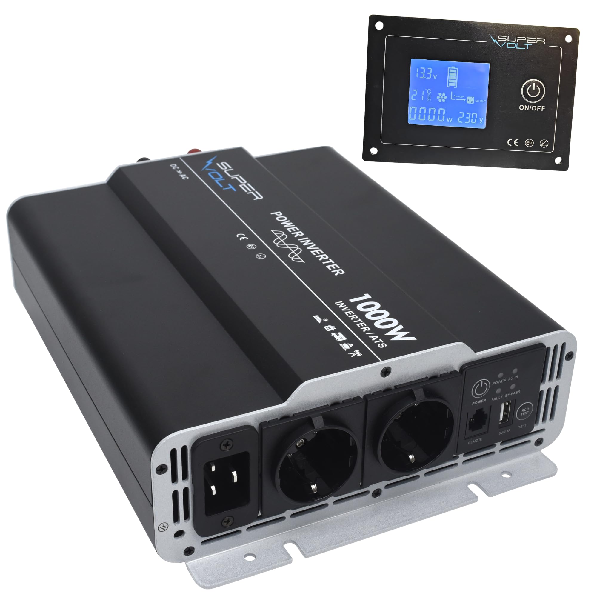 Falownik 12 V na 230 V, 1000 W, czysty sinus z przełącznikiem priorytetowym i ochroną FI, do wrażliwych urządzeń, z pilotem zdalnego sterowania, USB i puszkami Schuko, idealny do kamperów