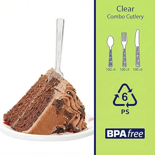 Miniatura 6 de Party Dimensions Caja combinada de cubiertos de plástico de 300 unidades, juego de cubiertos desechables de plástico transparente, 100 tenedores,