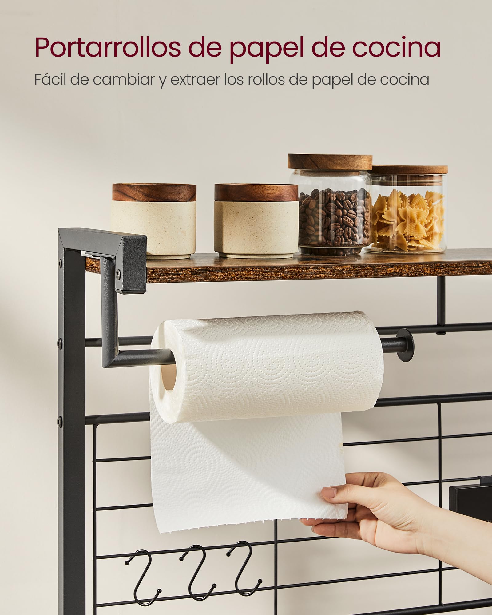 VASAGLE Estantería de Cocina, Soporte para Panadería, Isla de Cocina con Tira Magnética de Cuchillo, Cesta de Alambre, Soporte de Papel, 12 Ganchos, Marrón Rústico y Negro KKS026B01