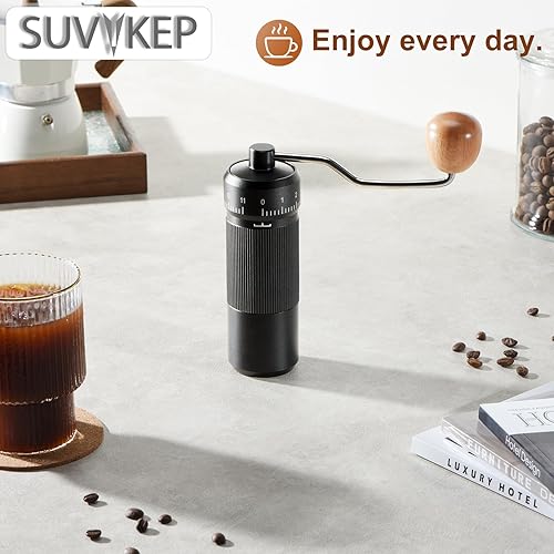 Miniatura 8 de Suvykep molinillo de café manual, molinillo de café de rebabas cónicas de 6 estrellas de acero inoxidable CNC manual. Ajustes de molienda ajustables