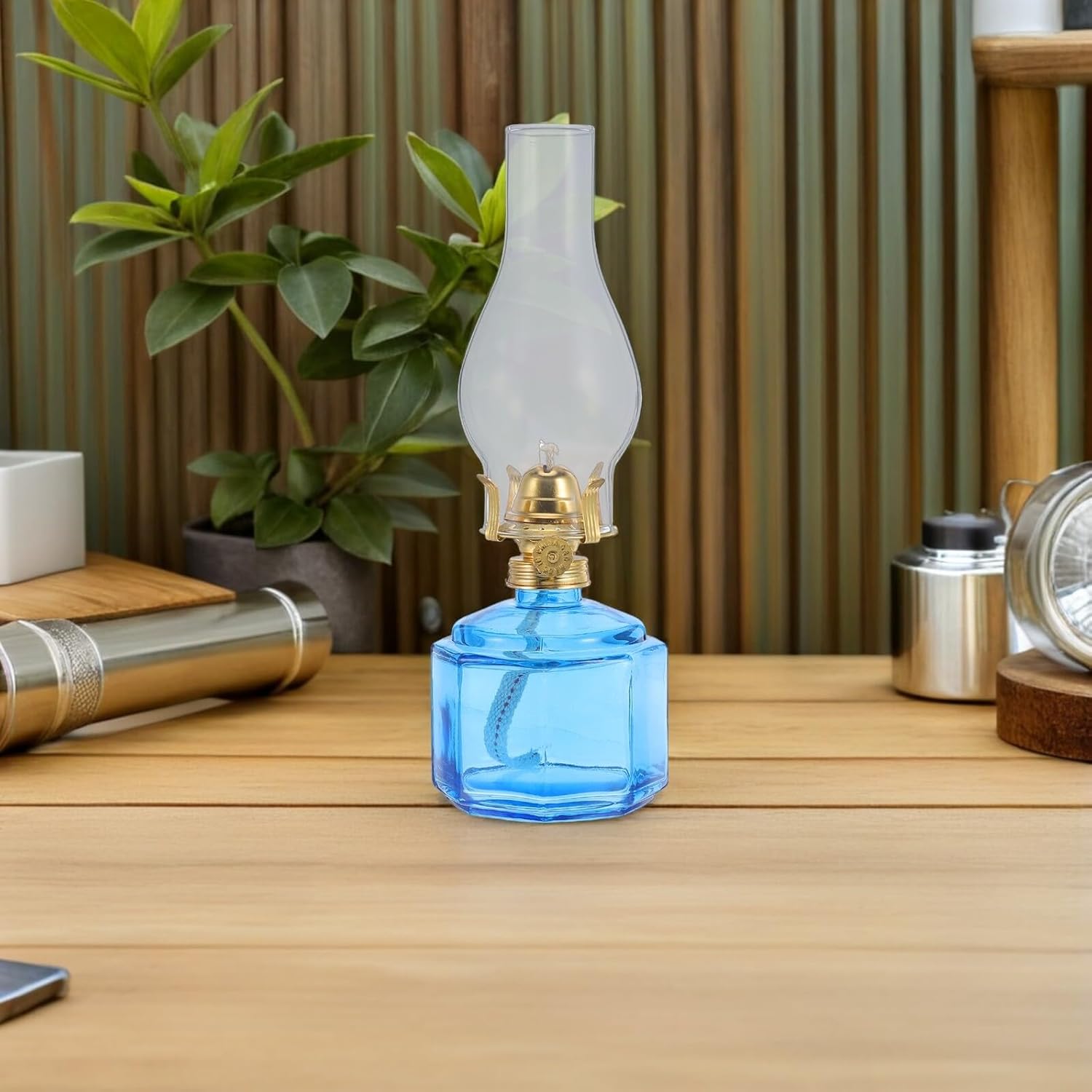 Blue Glass Oil Lamp Kerosene Lantern Mini Hurricane Lamp Windproof Design Indoor and Outdoor Emergency Lighting Rustic Vintage Style