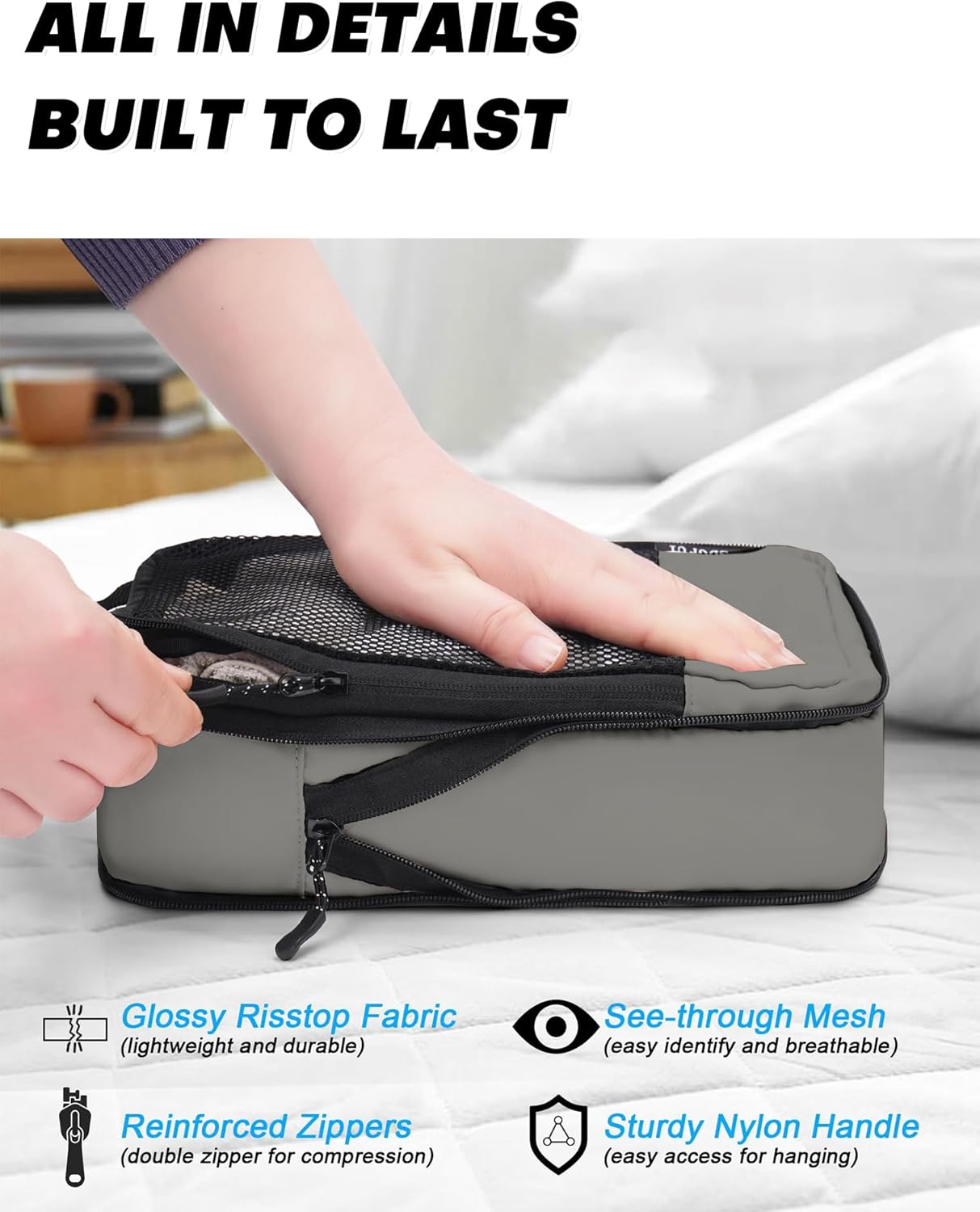 4 PCS Set Compression Packing Cubes for Travel, Lightweight Packaging Organizer Bags for Carry On Space Saving, Travel Essentials Cubes for Suitcase Backpack, Grey - Image 7