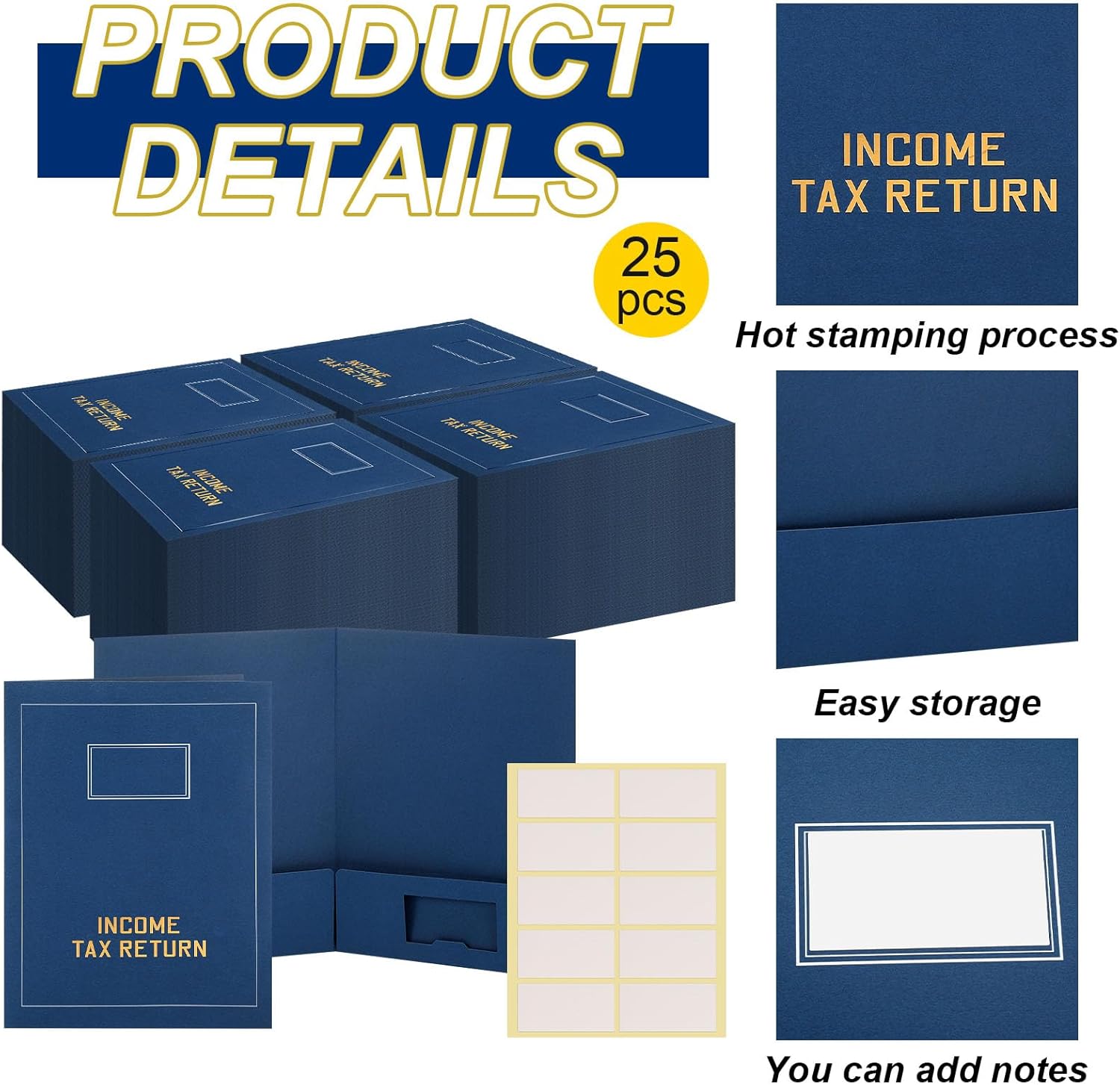 Kisston 25 Pcs Tax Return Folders Bulk 2 Pocket Gold Foil Stamped Income Tax Folders with Labels Business File Office Blank Organizer (Blue)