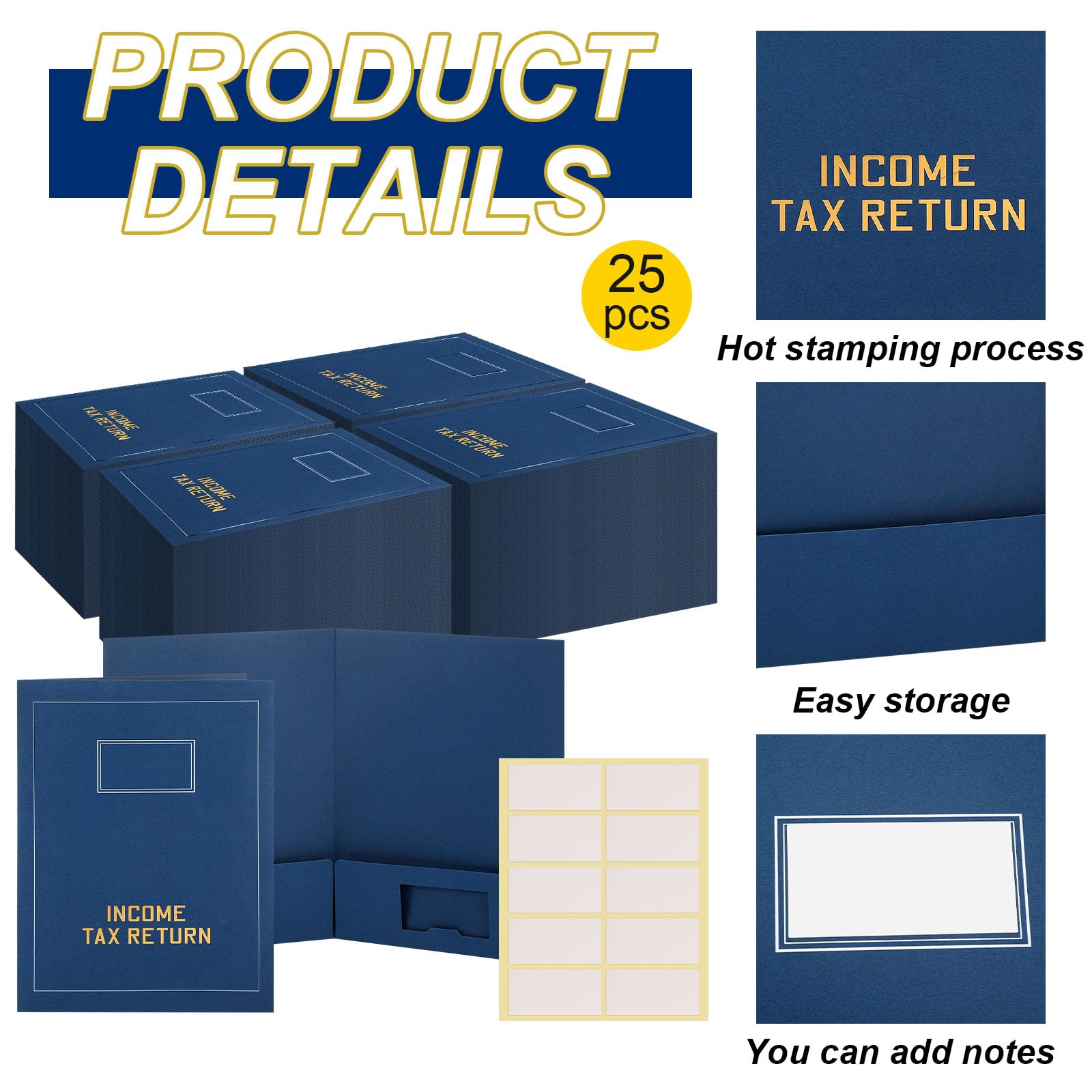 Blue Summit Supplies 25 Tax Return Folders, Dark Blue Two Pocket Folders With Gold Printed Label, Letter Size, For Storing Or Handling Personal And Customer Tax Returns, 25 Pack