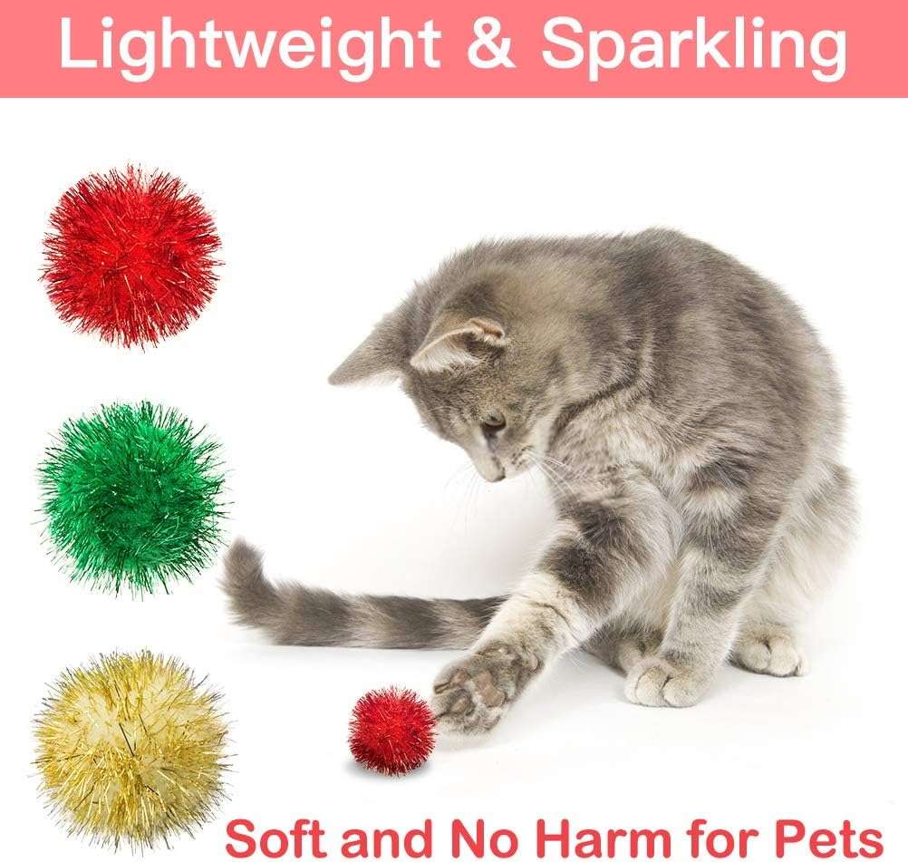PUPTECK 48 Pack Assorted Color Cat Ball Toy Set - Crinkle Balls, Sparkle Balls, Sponge Soccer Balls, Jingle Balls, 1.5' Chase Pounce Rattle Toy