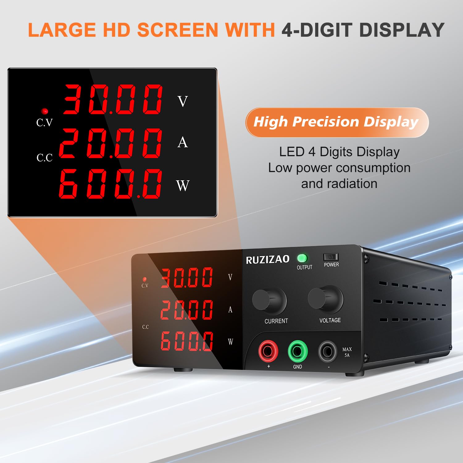 Alimentatore da Banco 30V 20A 600W Alta Potenza Alimentatore da Laboratorio con OUTPUT/Encoder, Alimentatore Regolabile con Display a LED a 4 Cifre e Uscita Stabile per Laboratorio/Elettronica