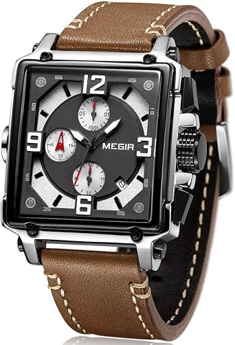 MEGIR Orologio da uomo rettangolare marrone cinturino in pelle impermeabile  – cronografo analogico da uomo – Orologio sportivo in acciaio inox con data  : Amazon.it: Orologi