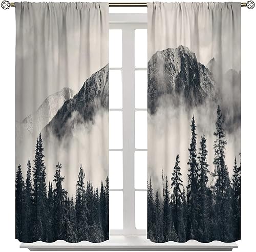 Miniatura 3 de Cortinas opacas de montañas con bosque gris brumoso, cortina para ventana de dormitorio, árbol negro natural, bosque, decoración escénica de madera