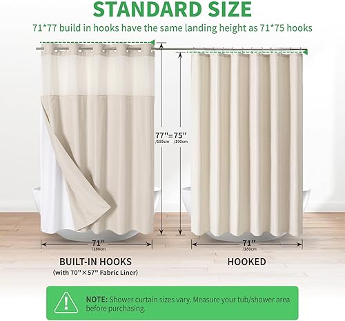 Miniatura 6 de Cortina de ducha de lino texturizado y forro de tela a presión, no necesita ganchos, para baño, calidad hotelera de lujo, impermeable y lavable, 71