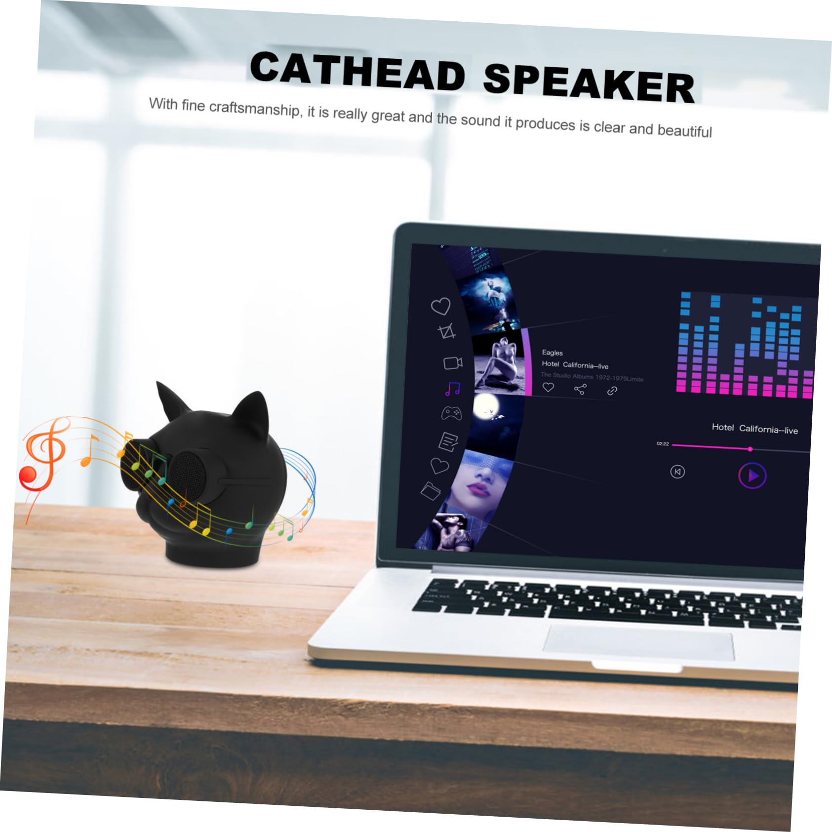 Gatuida Mini Enceinte sans Fil Connexion Haute Vitesse en Plastique Forme Tête de Chat Noir 1500mah pour Conférence Pratique et Usage Quotidien