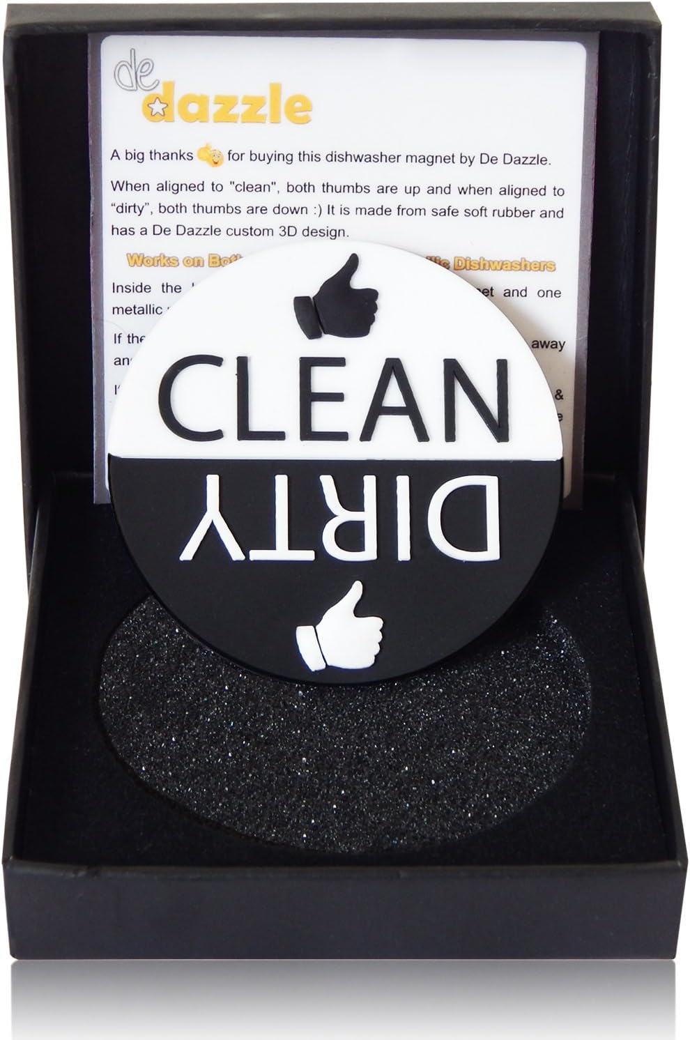 Big 3D Clean Dirty Dishwasher Magnet Ends Common Kitchen Problem. Adheres to Any Surface. Uniquely Designed in the USA. Black and White.