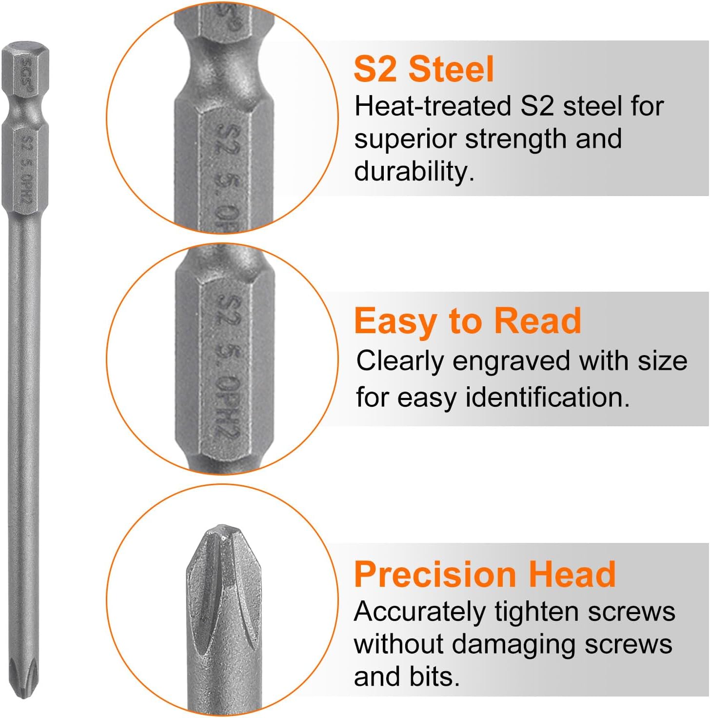 5pcs #2 Phillips Screwdriver Bit PH2 1/4" Hex Shank 4" (100mm) Long Magnetic S2 Steel Industrial Grade Screw Driver Bit Cross Head Electric Drill Bits 0.197" (5mm) Rod
