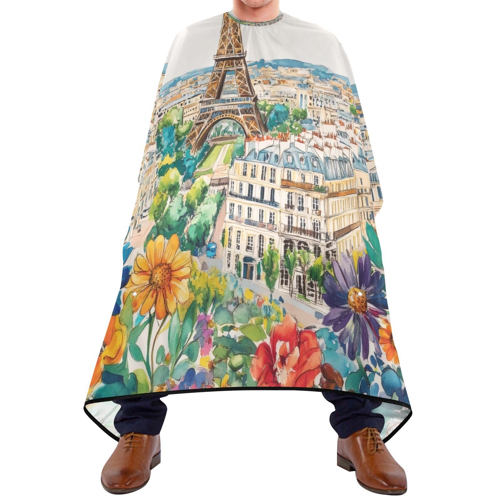 Takiito Paris Tower Flowers Painting Barber Cape for Men, Waterproof Haircut Cape Hairdressing Cape Beard Apron Cape for Salon Home Use, 55x65 in