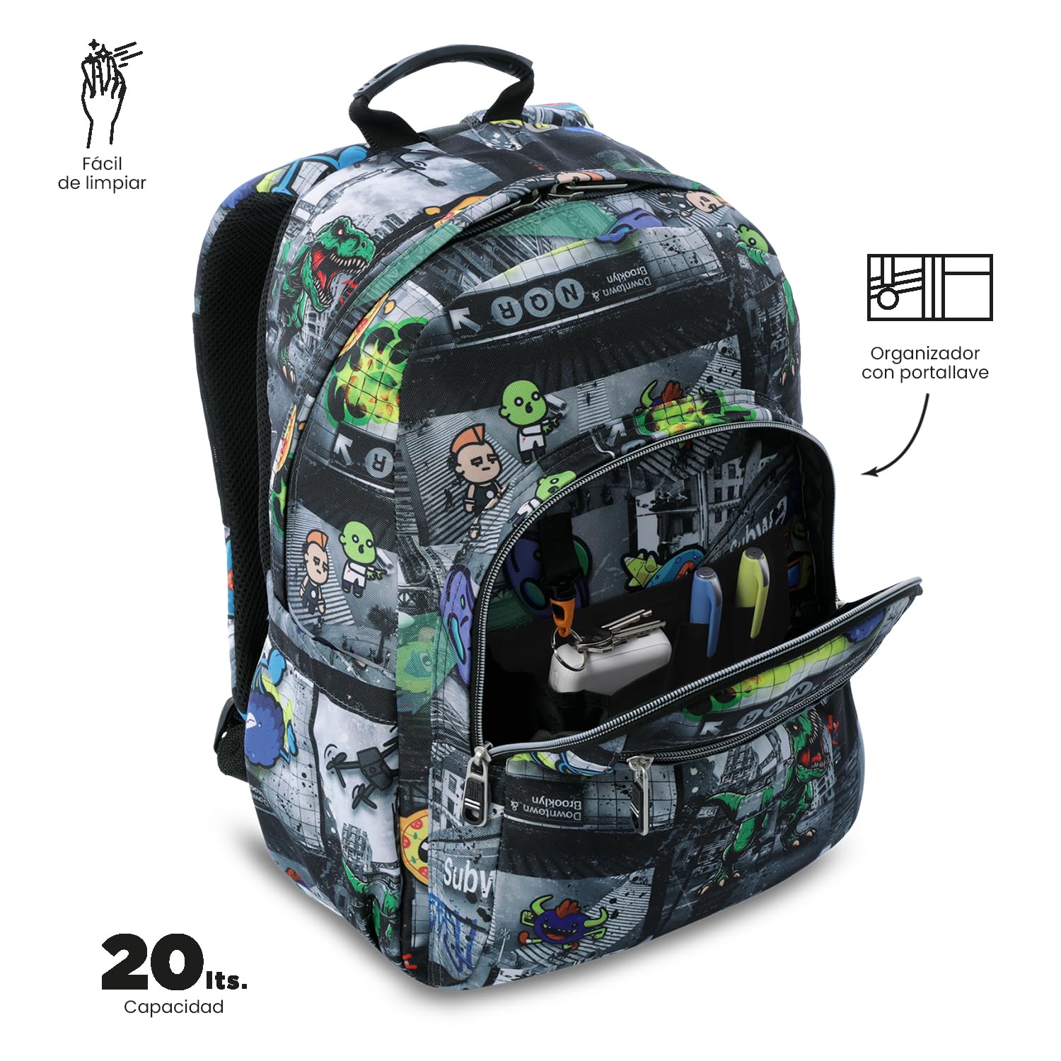 TOTTO - Mochila Escolar Adaptable a Carro, Modelo Acuareles Glitter, Capacidad 20L, Bolsillo para Pc 14", 2 Bolsillo Botella, Espaldar Ergonómico con Flujo de Aire, Correas en S, Estampado Rolly Negro