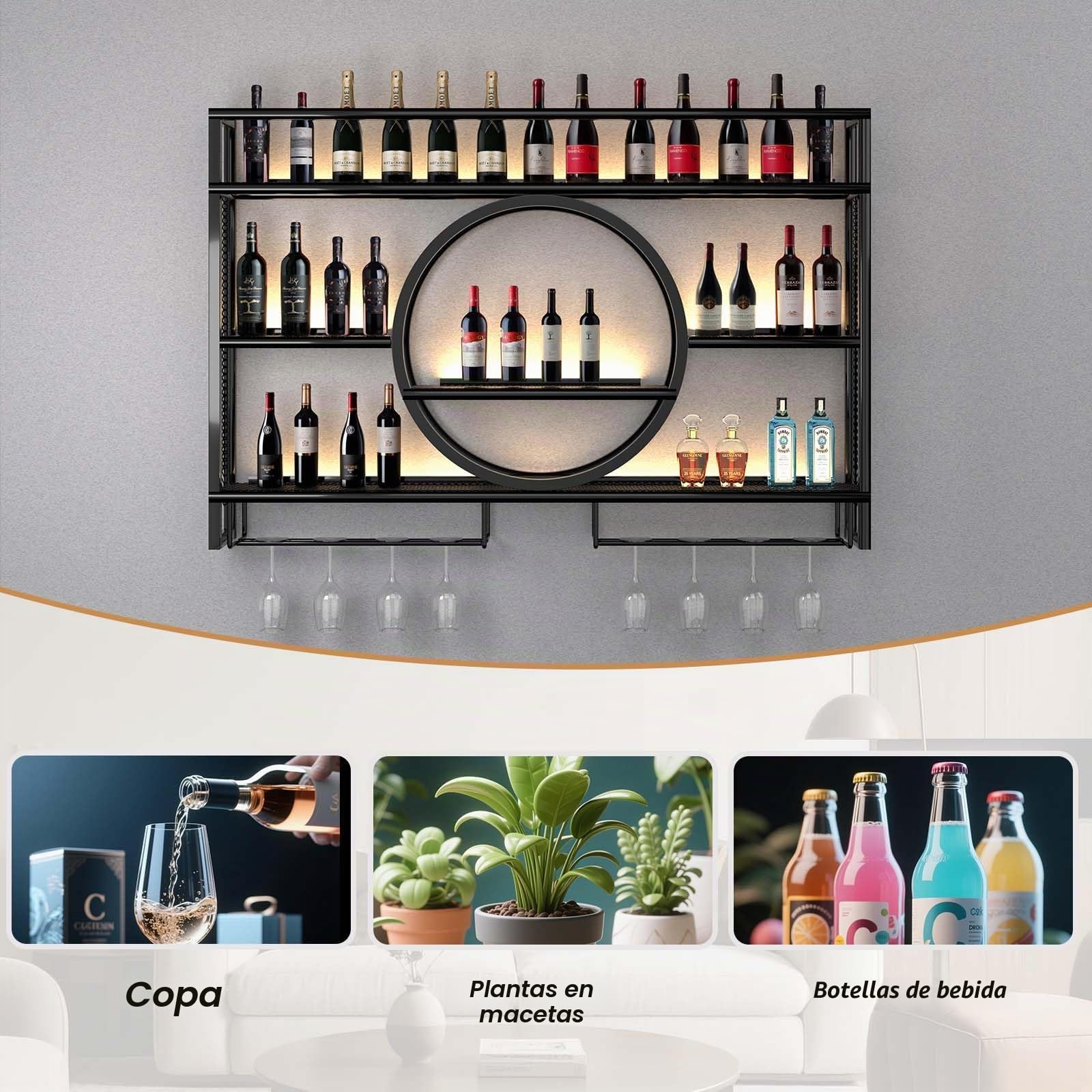Estantería industrial para vino montada en la pared, soporte flotante para exhibición de vino con LED y rayas de sombreado, estantería multifuncional para el hogar, restaurante, bares (Black, 120CM)