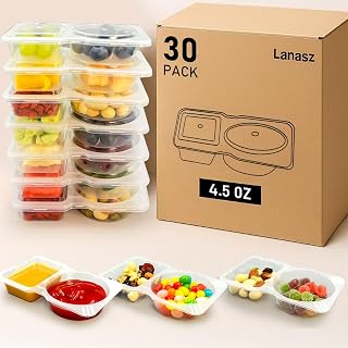 30 Sets Reusable snack containers with lids, Disposable Double Compartment Plastic Container for Sauce Snack,Condiment Container with Lid