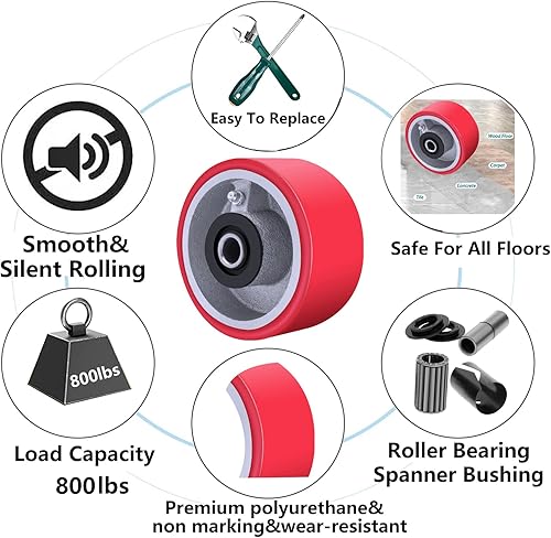 Miniatura 4 de Ruedas giratorias de 4 pulgadas, ruedas resistentes, ruedas de poliuretano, juego de 4 con gran capacidad de 3000 libras, ampliamente utilizadas en