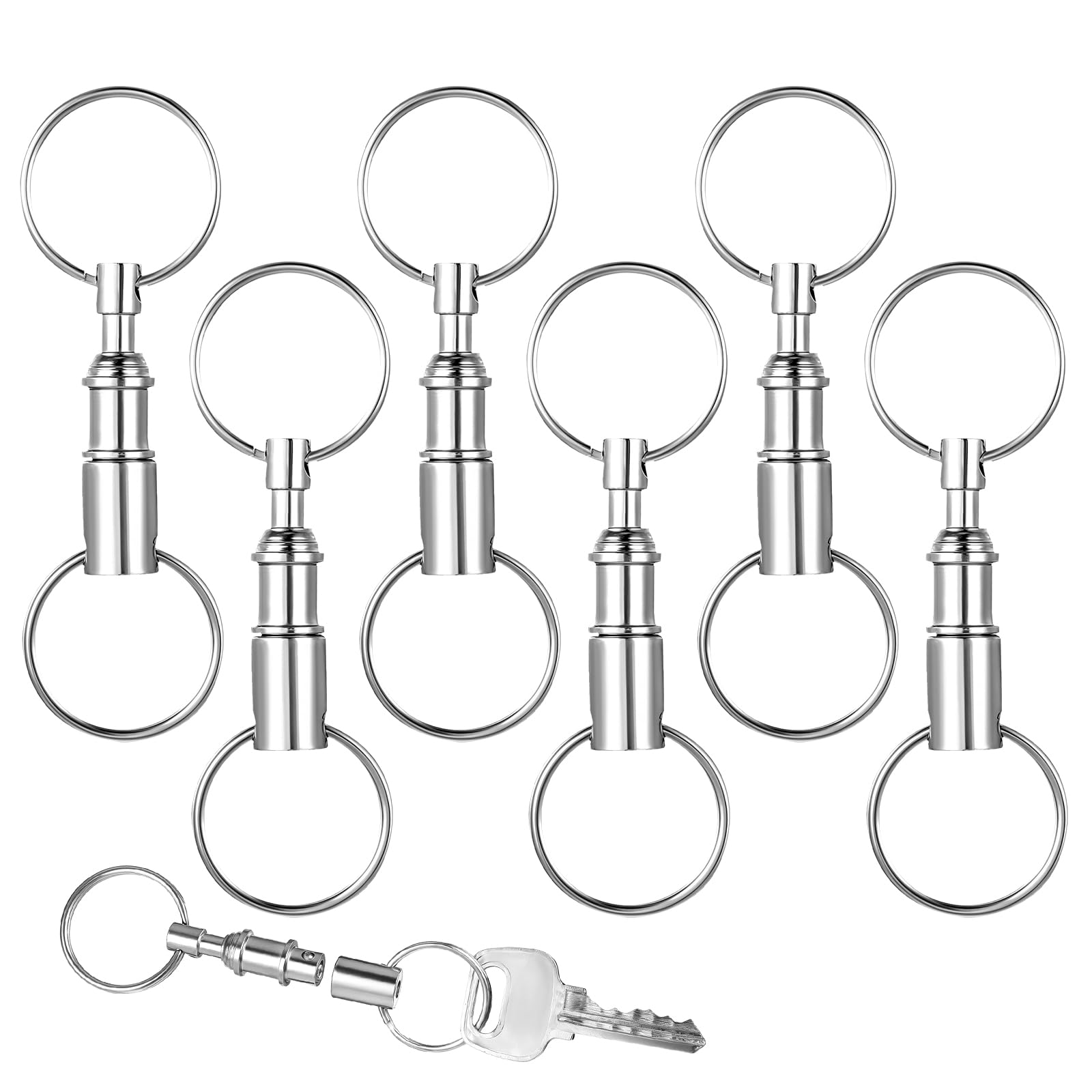 XLIUAX 6 Pcs Quick Release Detachable Keychain, Dual Pull Apart Keychain Spring Split Snap Separate Lock Holder Silver Double Key Rings