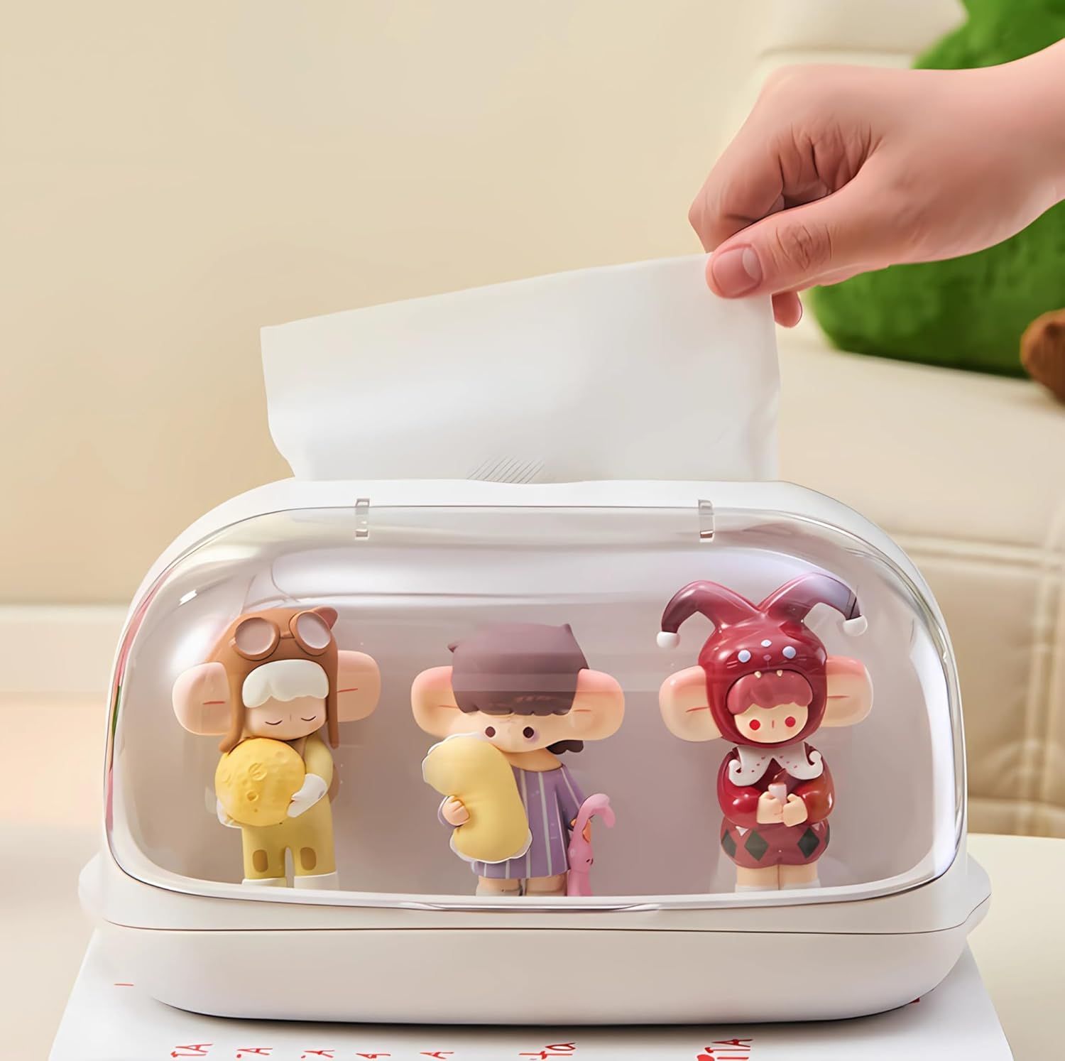Acrylic Tissue Box with Display Case for Figurines, Dustproof Clear Tissue Holder and Storage Organizer, Compatible with POPMART Collectibles, Desk and Bedroom Decor