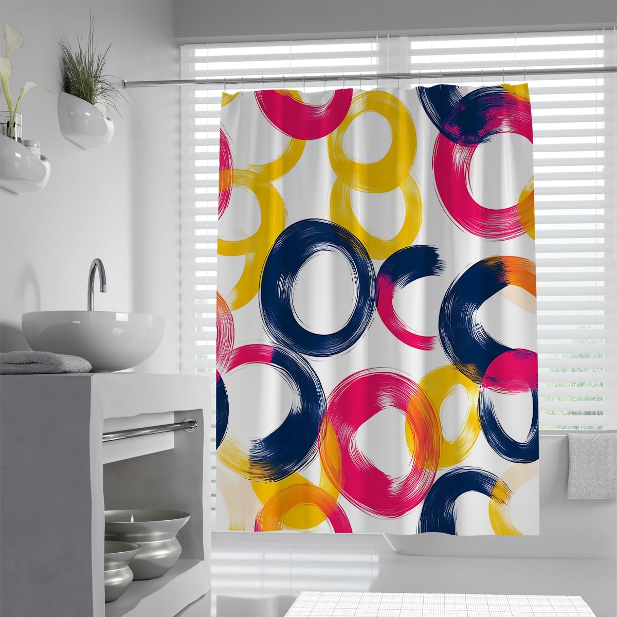 UIRINGART Contemporary Circles Shower Curtain W180xL200cm Modern Abstract Geometric Brush Strokes Pattern Mildew Resistant Washable Apartment Essentials Bath Screen With Hook