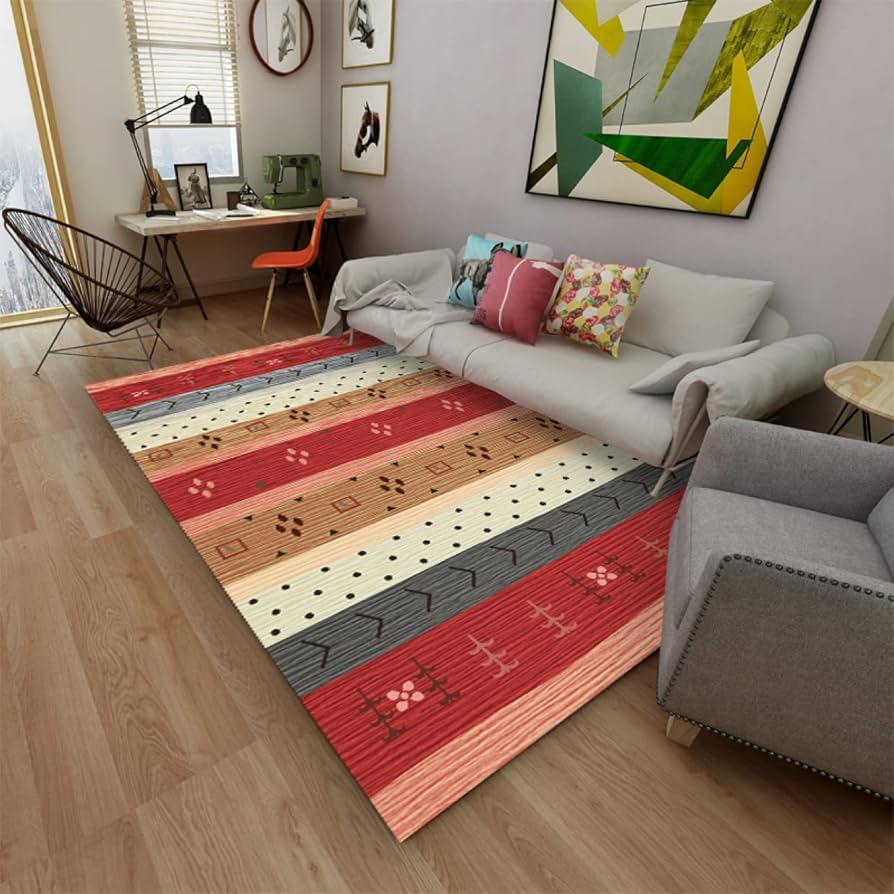 幾何学模様の赤とベージュのラグ 幾何学模様の赤とベージュのラグ