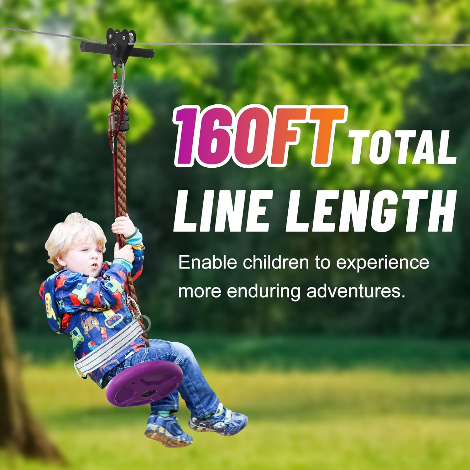 Zip line Kit 160ft for Kid and Adults up to 400lb-Special Retractors and Thickened Disc Seats,Zipline Kit for Backyard