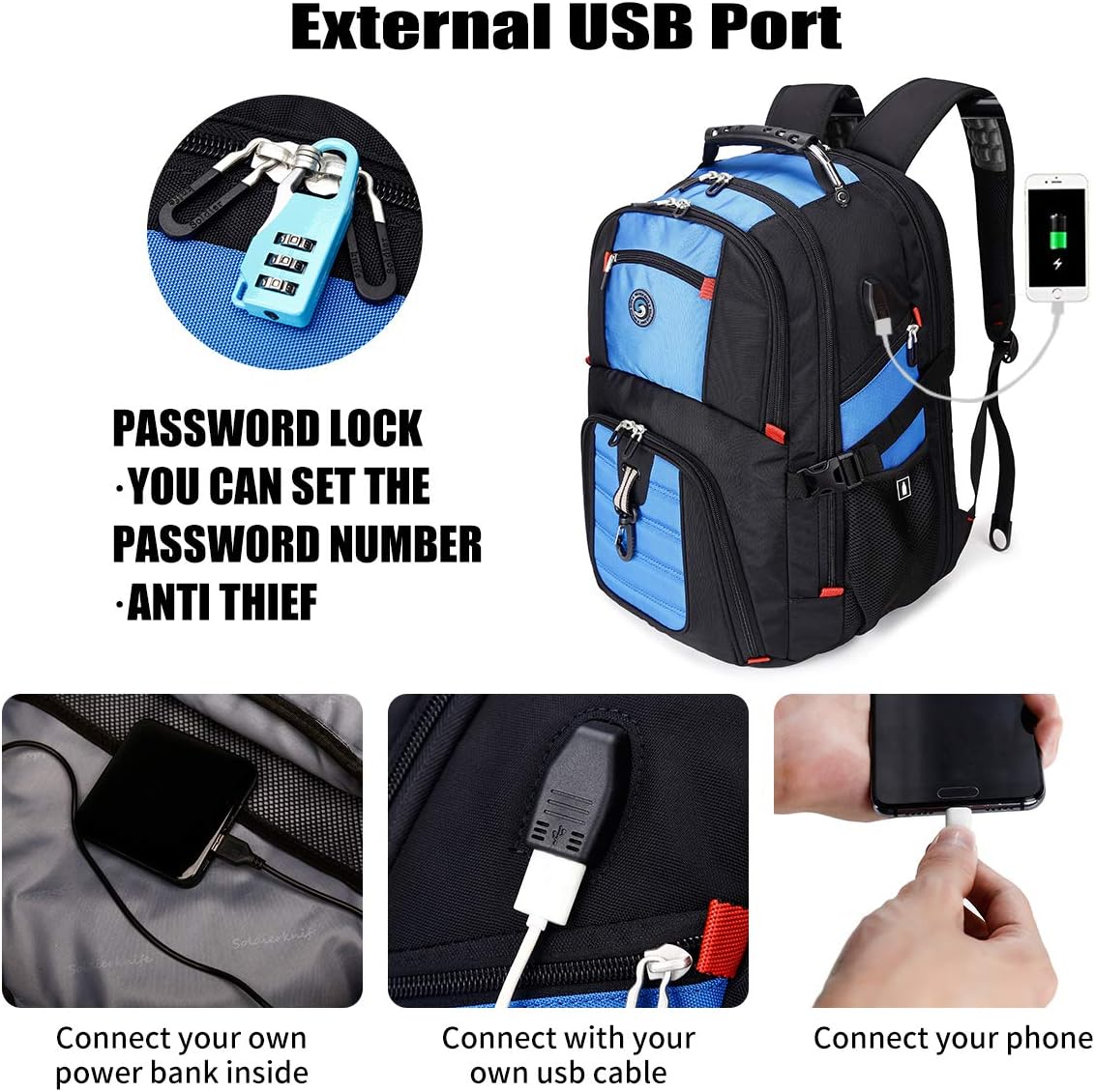 SHRRADOO Extra Large 50L Travel Laptop Backpack with USB Charging Port Fit 17 Inch Laptops for Men Women