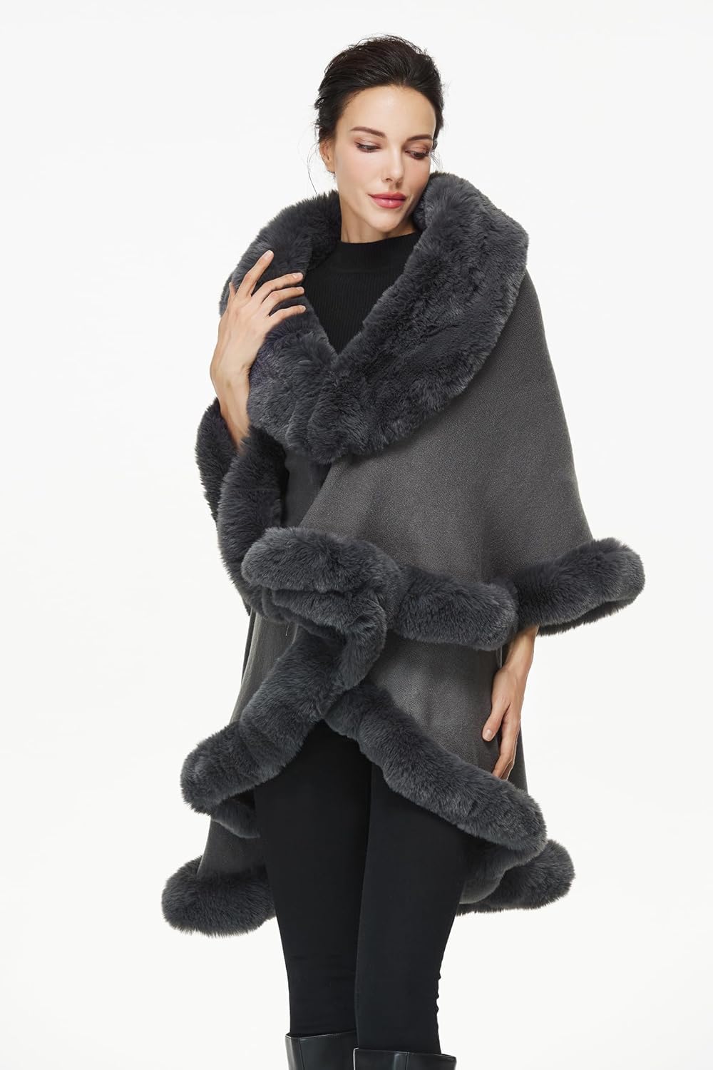 Women Poncho Cape Faux Fur Shawl Wrap Winter Faux Fur Trim Coat Sleeveless Cardigan Dressy Cloak - Image 3