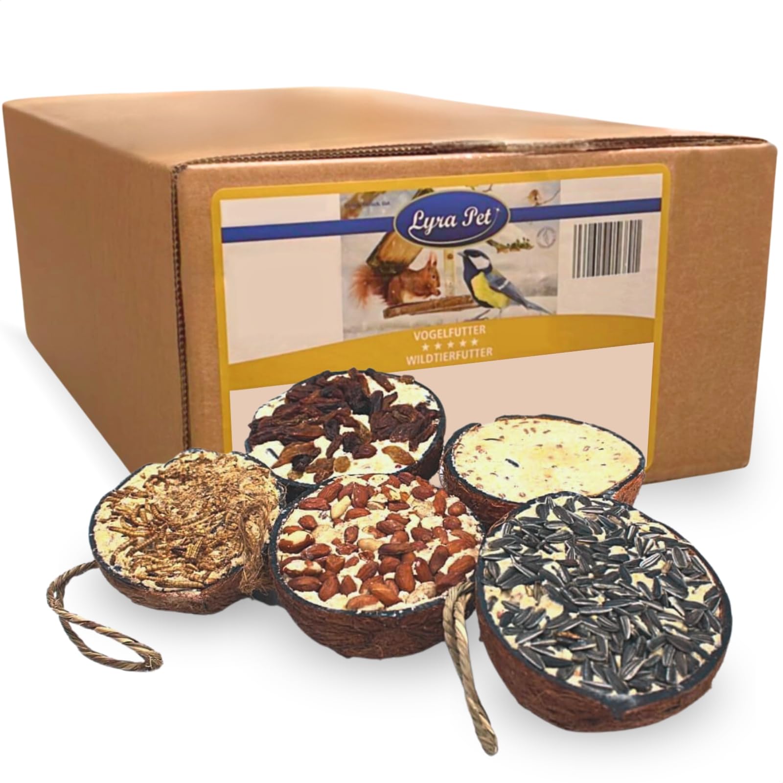 Lyra Pet® 2 x 10 Halbe Kokosnüsse gefüllt - Vogelfutter für Wildvögel | Kokosnuss mit verschiedenen Toppings - Wildvogelfutter Ganzjährig - Vitaminhaltig& Proteinreich - Fettfutter wie Meisenknödel