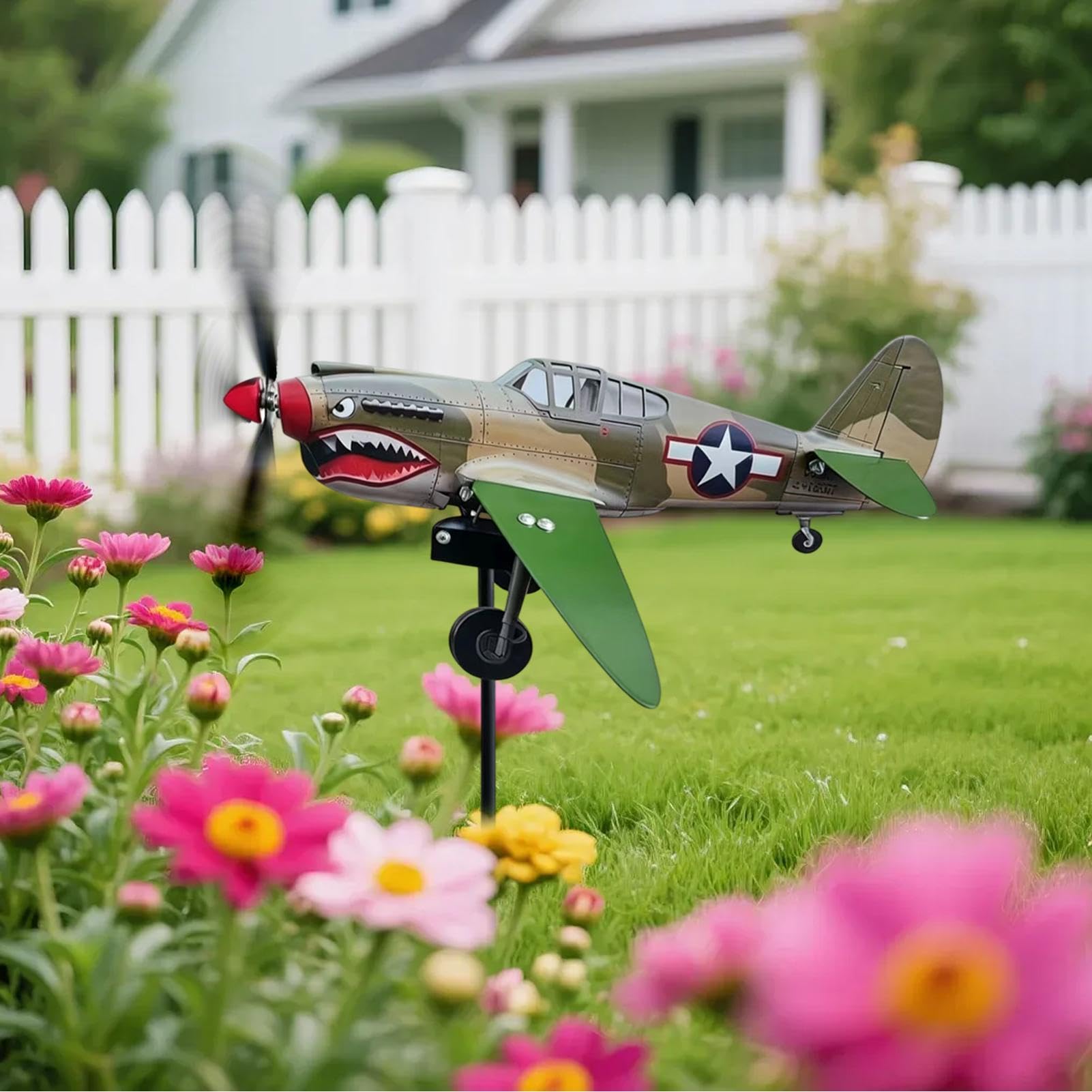 Wiboie Shark Mouth Warplane Garden Wind Spinner, 3D Iron Wind Spinners, Metal Airplane Weather Vane For Yard And Garden Decorative, Outdoor Propeller Windmill Plane