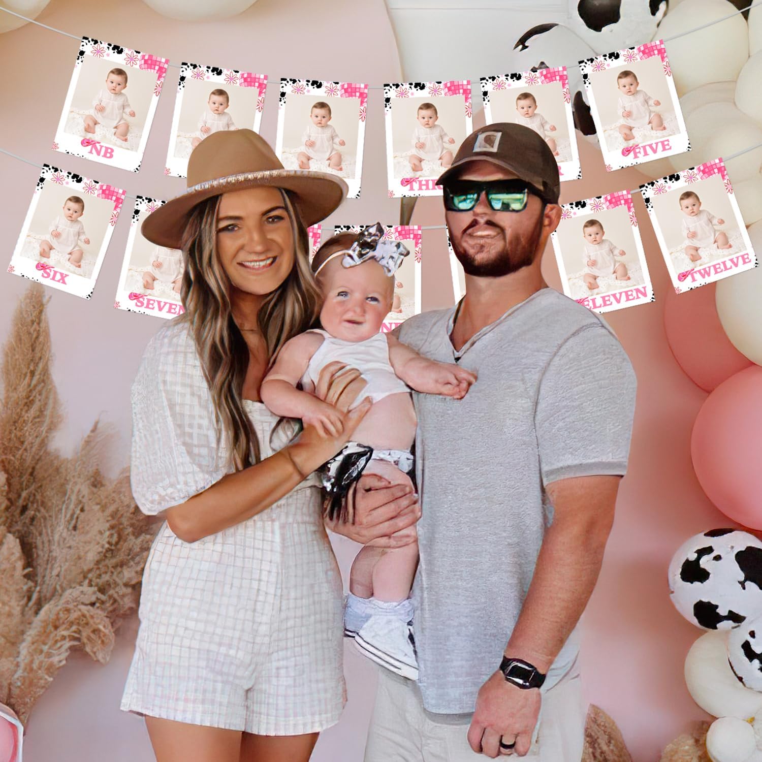 Space Cowgirl 1st Birthday Photo Banner Pink For Girls, My First Rodeo Photo Banner from Newborn to 12 Months Western Disco Monthly Photograph Bunting Garland for Girl First Birthday Party Supplies