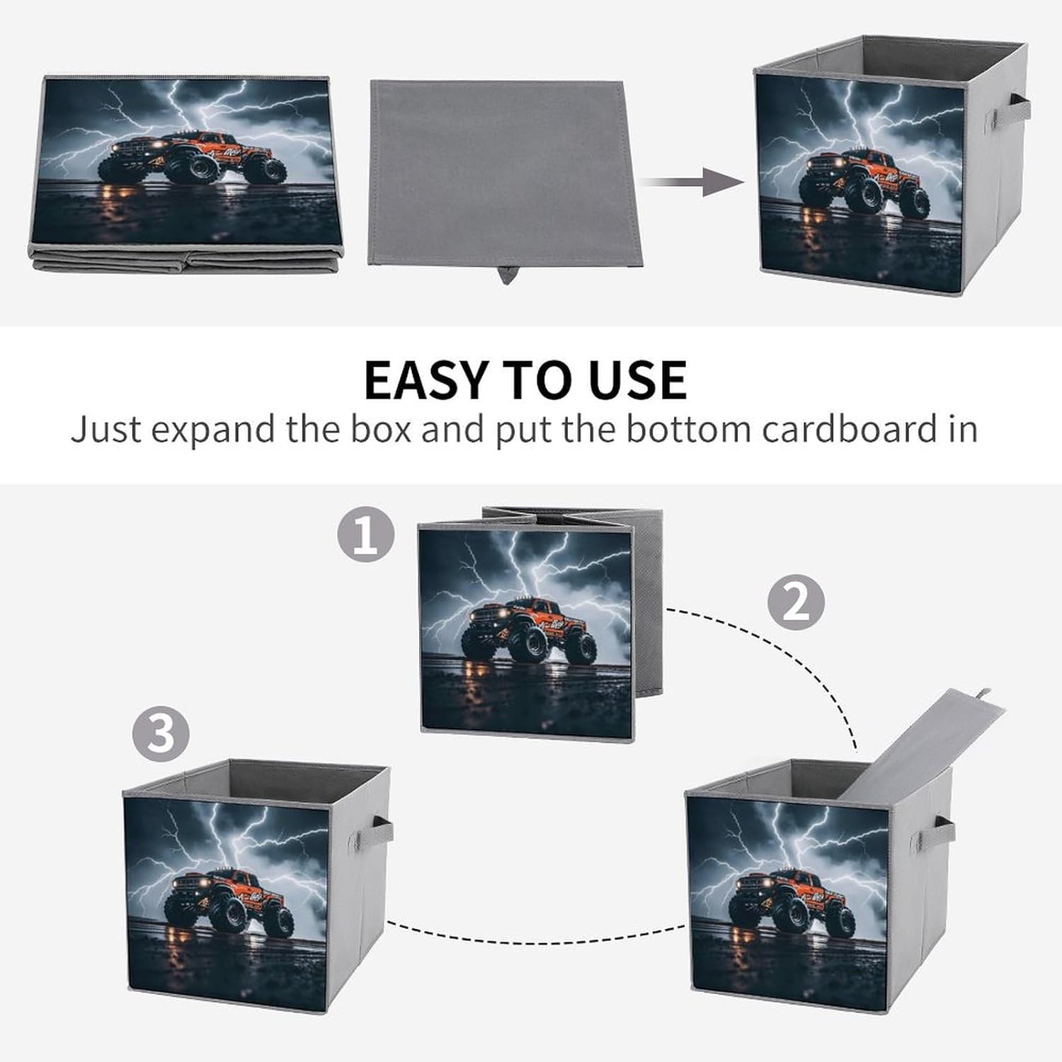 Monster Truck Black Sky Lightning Roar Foldable Storage Box with Handles, Durable Oxford Storage Cubes, 2PCS Collapsible Closet Organizer for Home, Shelf, Office, Travel