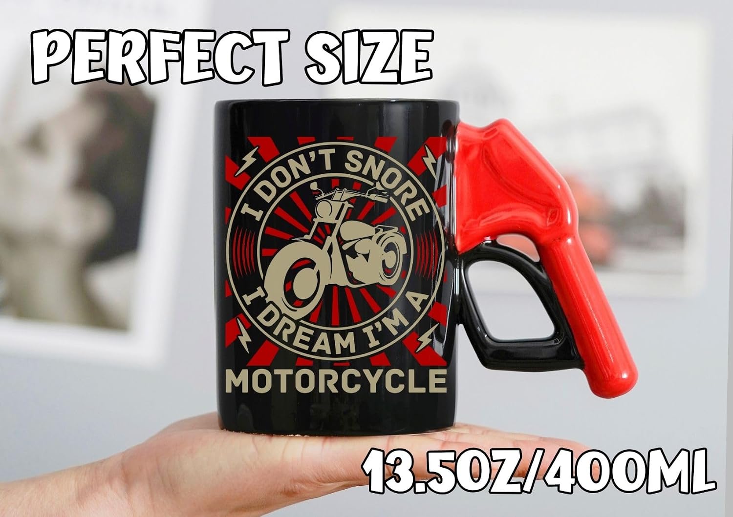 Onebttl Motorcycle Gifts for Men - I Don't Snore I Dream I am a Motorcycle Mug - Gas Pump Handle Coffee Cup for Dad Husband 13.5oz