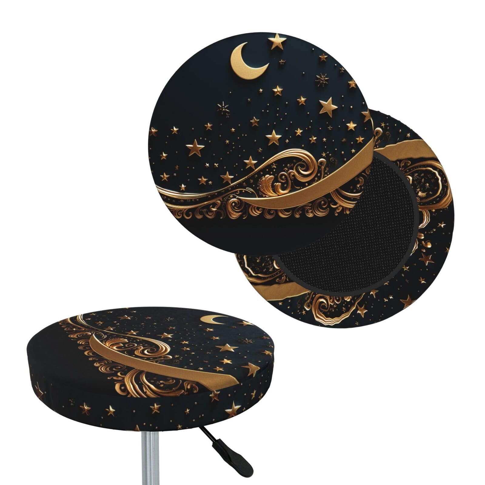 FekiLoot Golden Background and Crescent Moon Round Bar Stool Covers Stretch Washable Bar Stool Covers Dustproof Slipcover Bar Chair Covers with Elastic Band for Bar Kitchen Living Room Decor 14 Inch