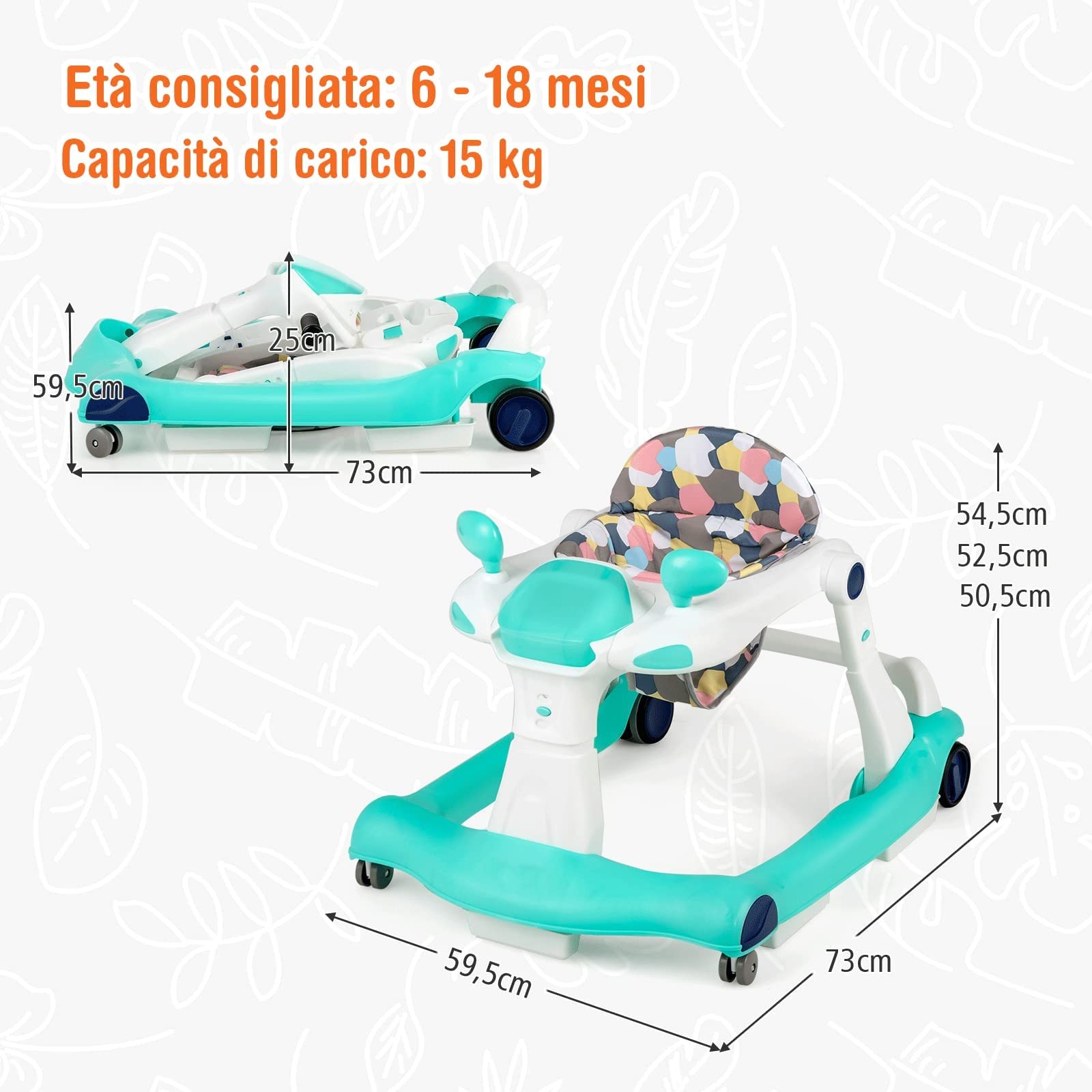 GYMAX Girello per Bambini, Design 2 in 1, con Sedile Regolabile e Ruote Universali, Girello Dotato di Illuminazione e Musica per Bambini dai 6 a 18 Mesi, 73 x 59,5 x 50,5cm (verde)