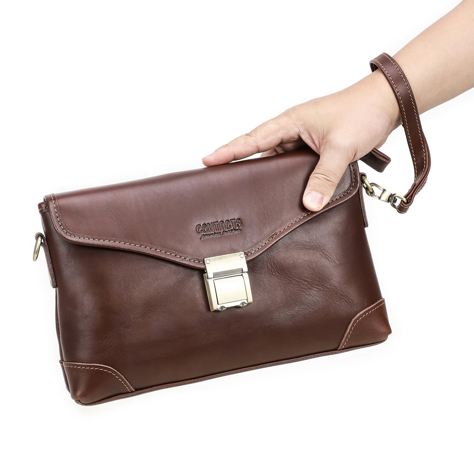 CONTACTS Große Clutch-Tasche aus Leder für Herren und Damen, Reisen, Business-Organizer, Handgelenkschlaufe, Brieftasche, Crossbody-Handtasche mit Schloss, mehrere Taschen, Handyhalter