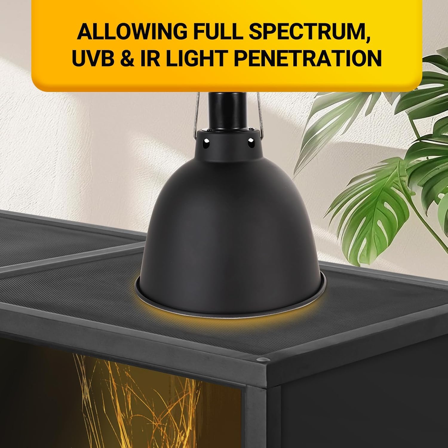 Reptile enclosure with a heat lamp on the mesh top, showing light rays penetrating, with text 'Allowing full spectrum, UVB & IR light penetration'.
