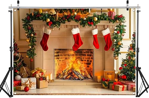 Miniatura 2 de WOLADA Telón de fondo de chimenea de Navidad para pared de 8 x 6 pies FW84