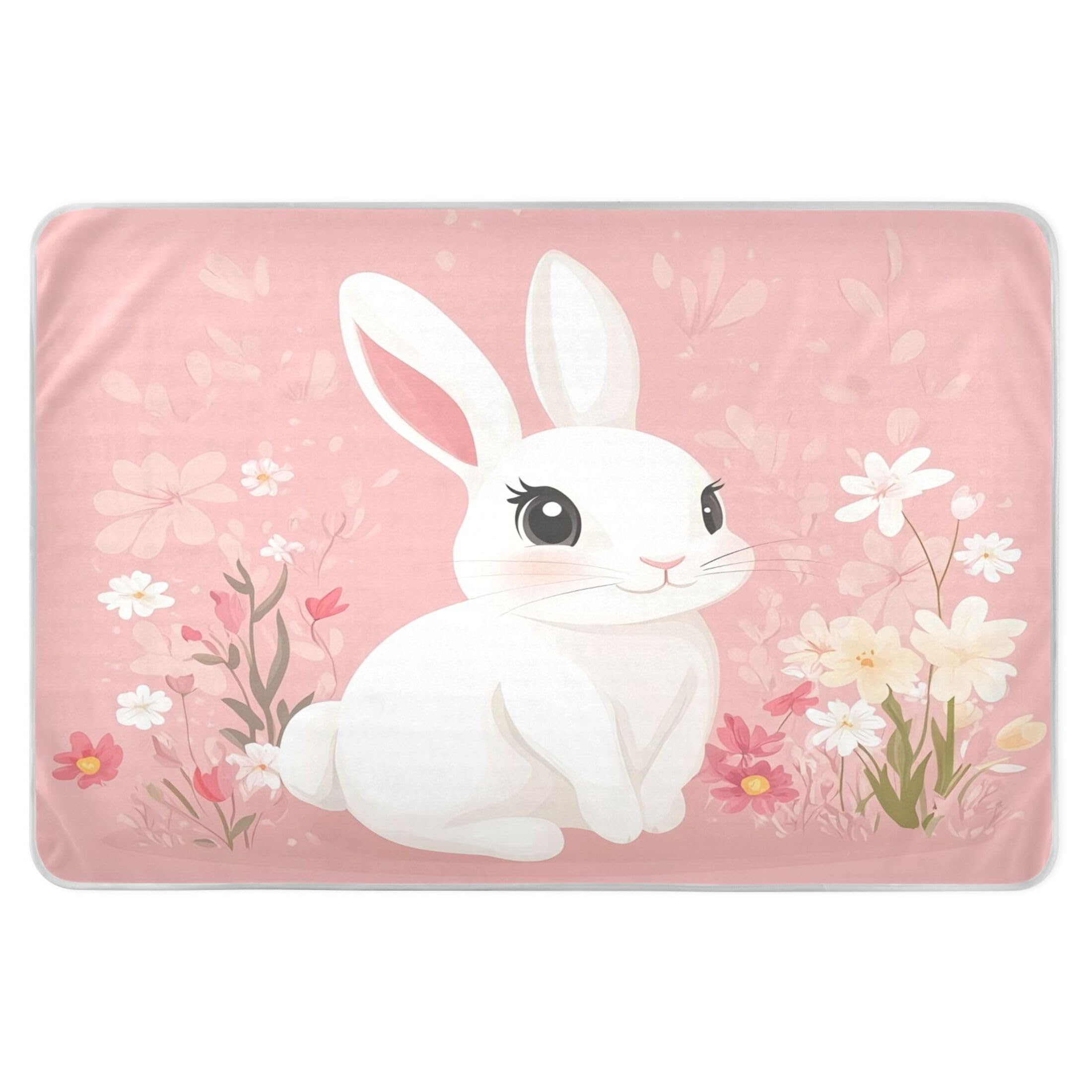 Takiito Cute White Rabbit Bed Pad Reusable Bed Underpad Washable Waterproof Leak-Proof Quick Dry Incontinence Pee Pad for Toddlers Kids Adults Pets 34x52 in