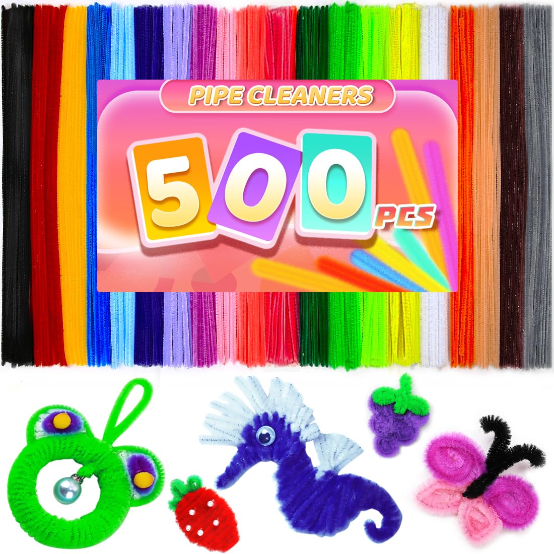 Praisebank Pipe Cleaners,500pcs 20 Multi-Colored Chenille Stems for DIY Projecets, Arts & Crafts Supplies for Festival Party Decorations