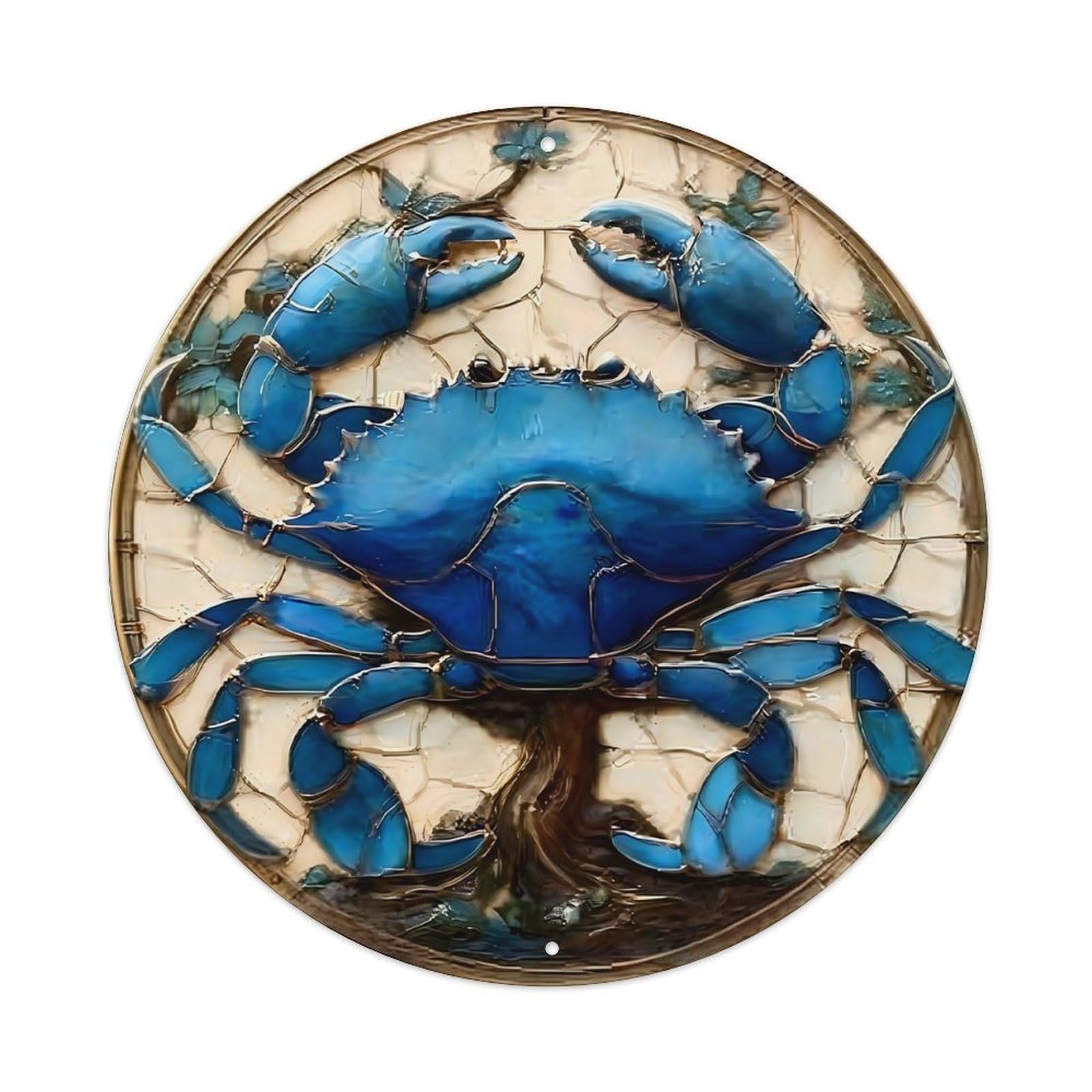 Blue Crab Mosaic Art Design Round Tin Sign Retro Metal Sign for Cafe Bar Pub Home Game Room Gym Club Wall Decoration Vintage Metal Poster 8x8 Inch